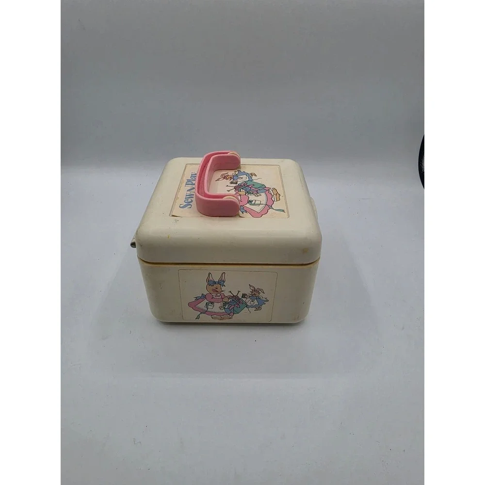 Vintage Sew-N-Play Bunny Rabbit Plastic Carry Case Pink Handle Craft Storage Box